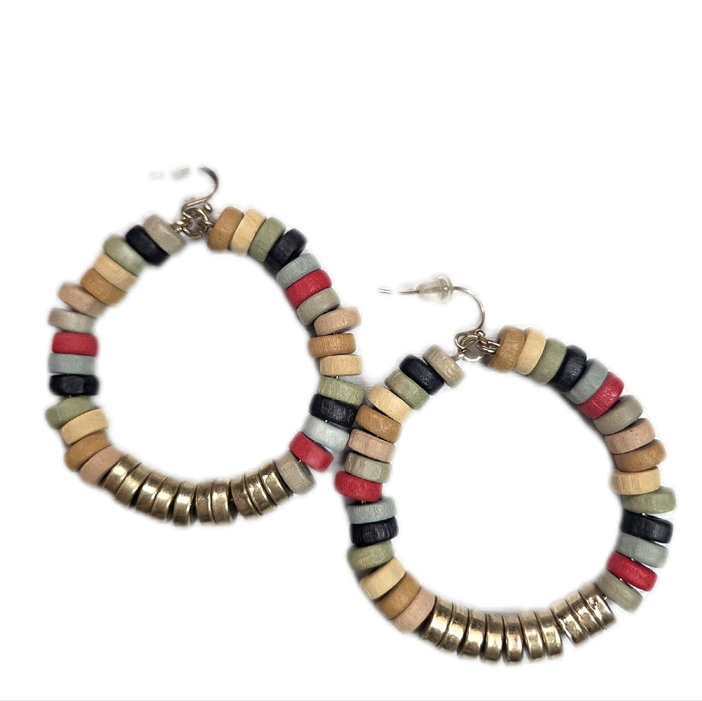 Boho Wood Disc Hoop Earrings with Gold Accents